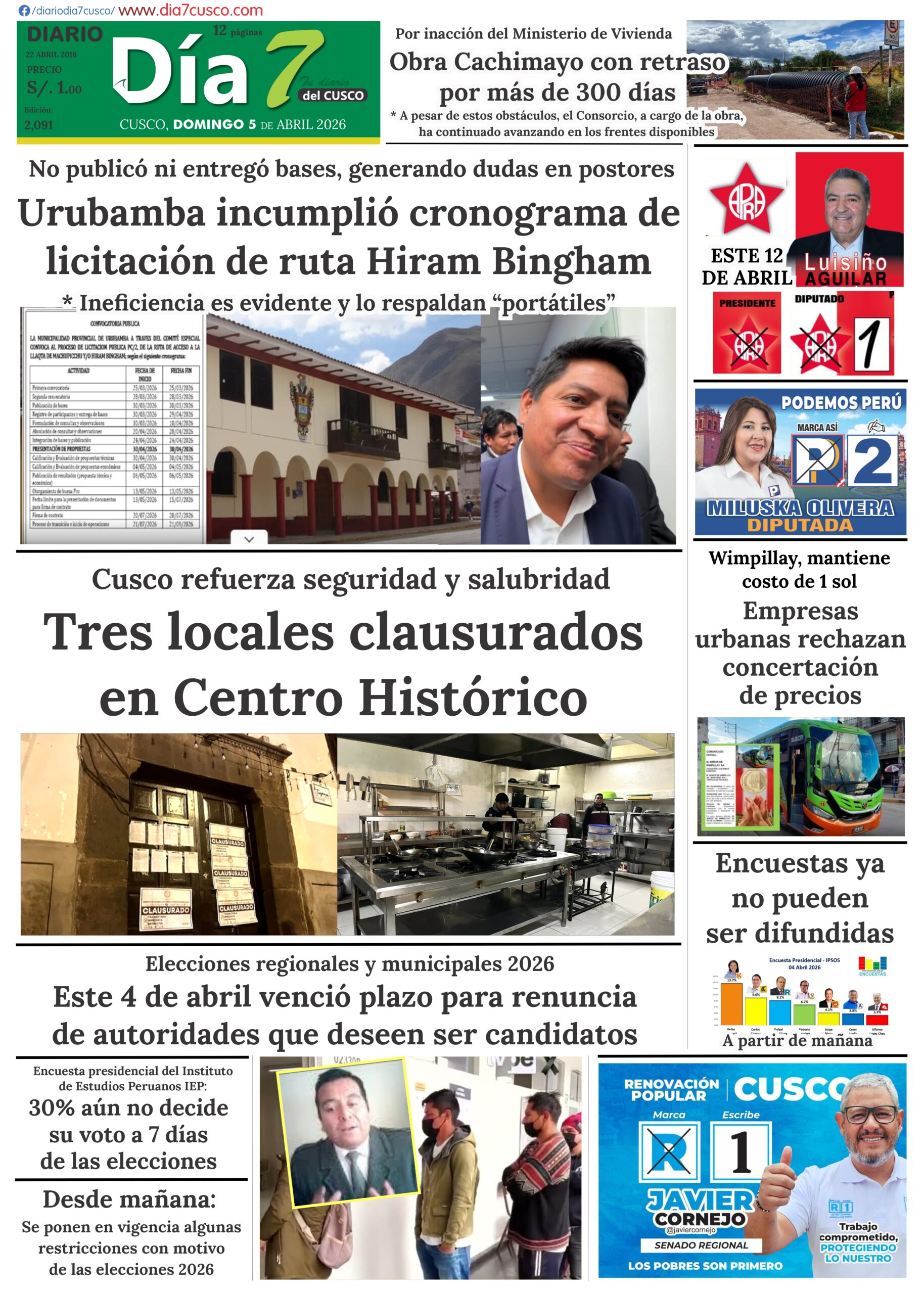 NOTICIAS CUSCO 05/04/2026: Urubamba incumple nuevo cronograma de licitación para la ruta de los millones Hiram Bingham, lamentable ineficiencia en gestión pública…