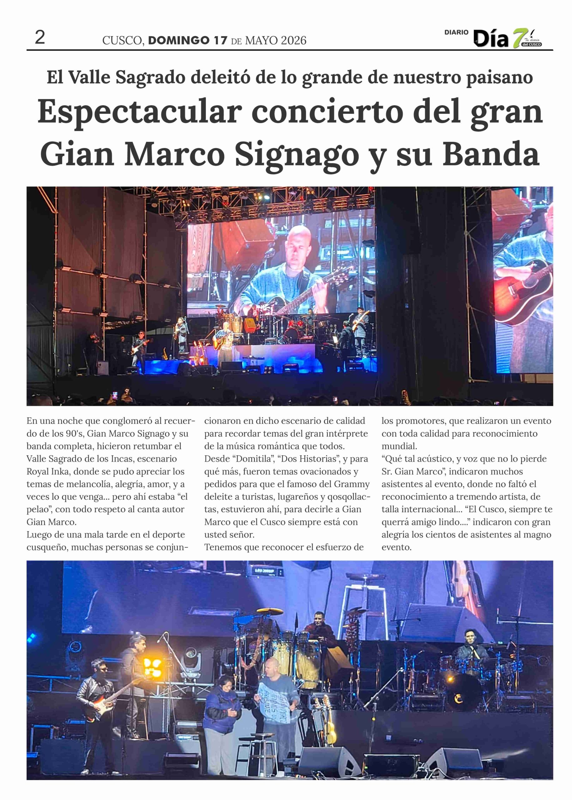 NOTICIAS CUSCO 17/05/2026: El Valle Sagrado de los Incas re vibró con el espectaular Gian Marco Zignago y su Banda, en un show para la eternidad…