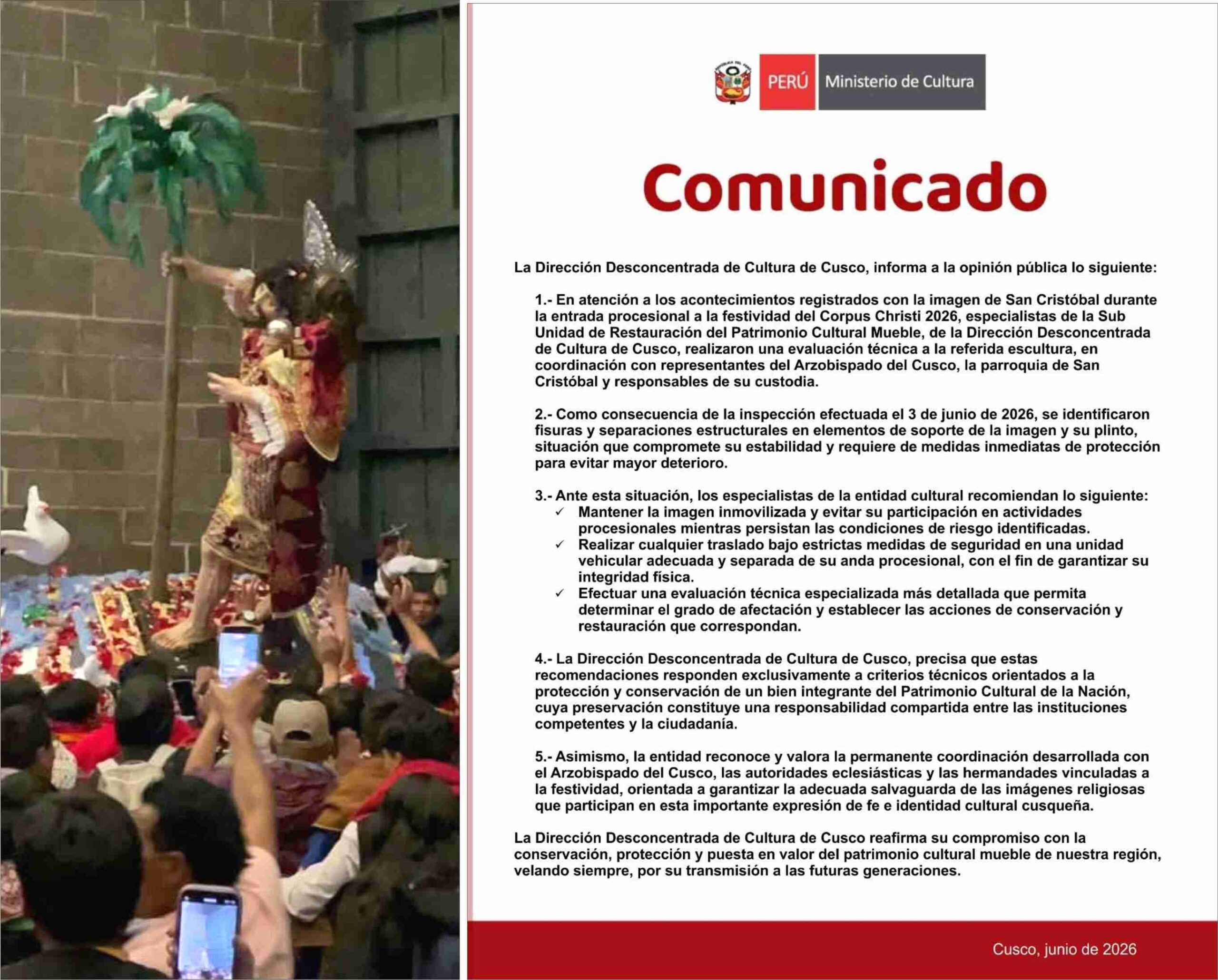NOTICIAS CUSCO 04/06/2026: El pueblo católico del Cusco sintió indignación por el casi desplome del Patrón San Cristóbal en la entrada de Corpus Christi, este jueves no saldrá en procesión…
